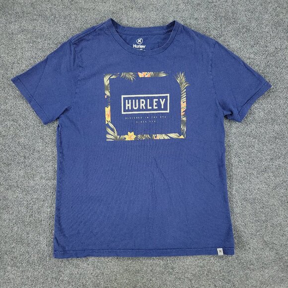 Hurley Shirt Men Small Blue Logo Floral Graphic Tee Short Sleeve Spell Out Patch - Picture 1 of 12